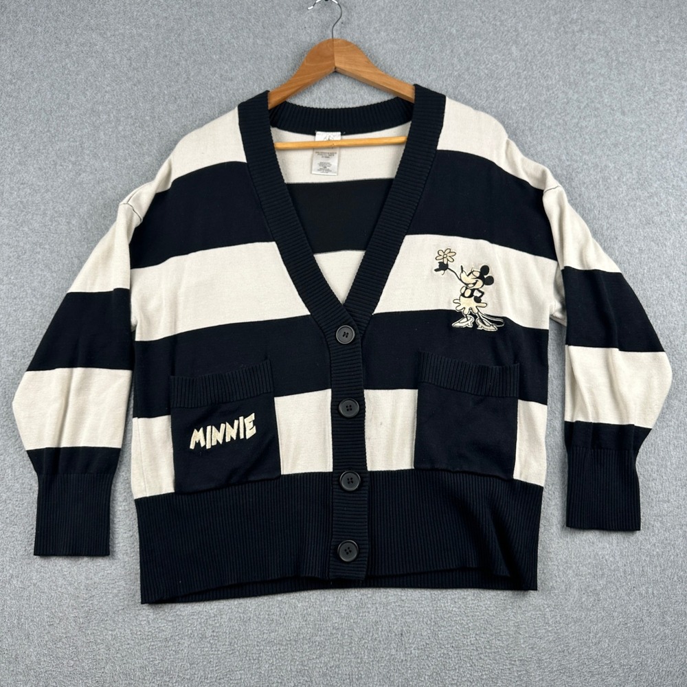 Disney Cardigan Womens XS Minnie Mouse Black White Striped Button V-Neck